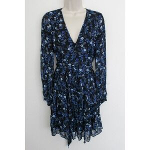 The Kooples Dress Size 2 Blue Floral Print Tie Waist Button V Neck Long Sleeve